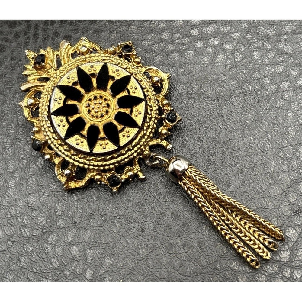 Vintage Denise Victorian Revival Gold Tone Black Enamel Brooch Pin Tassel